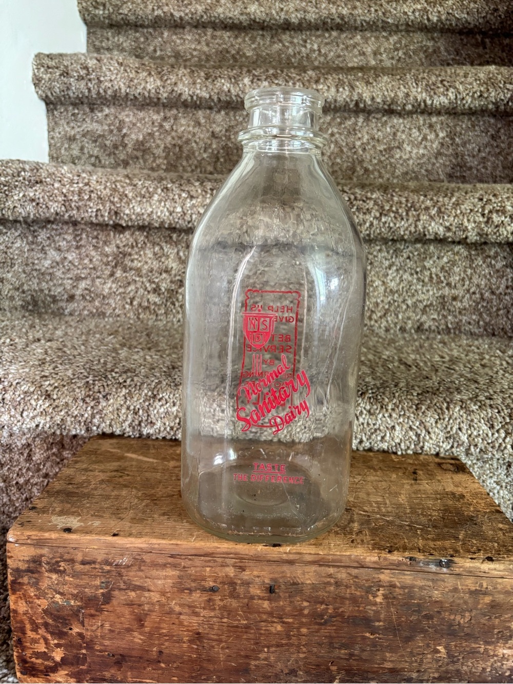 Vintage Clear Glass Milk Bottle with Red Logo